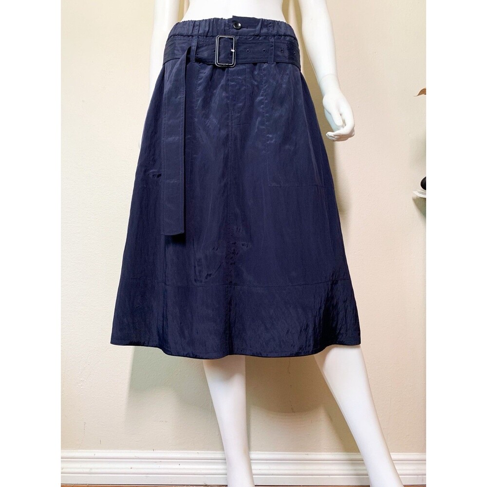 Proenza Schouler White Label Skirt 6 Navy Blue Midi Nylon Belt Pockets Stretch
